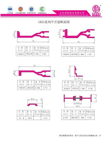 GR52系列平開窗斷面圖